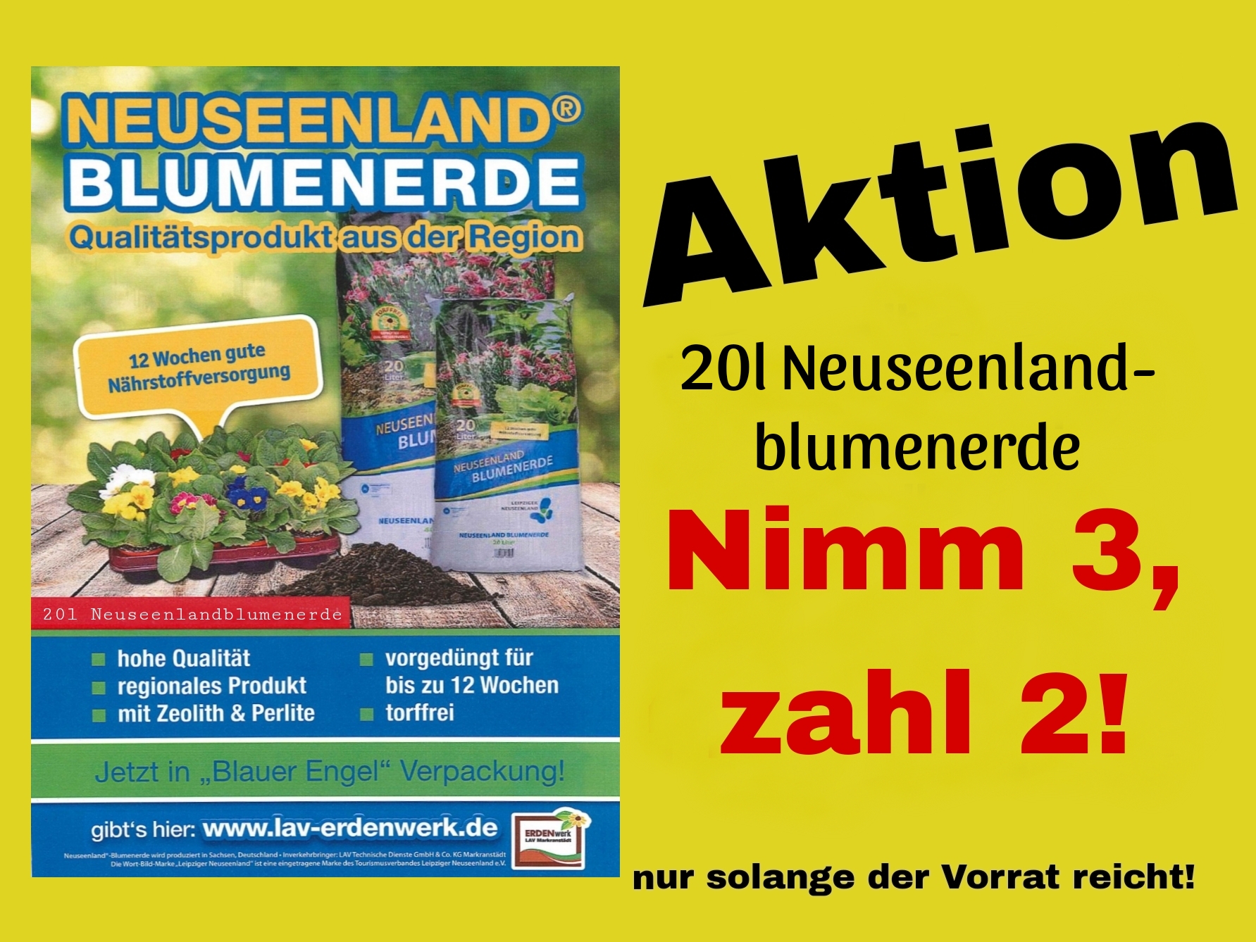 Aktion! Nimm 3, zahl 2: Neuseenland-Blumenerde 20 Liter